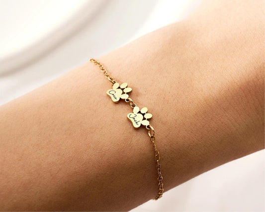Custom Paw Print Bracelet, Personalized Pet Name Jewelry, Minimalist Dog Cat Paw Charm